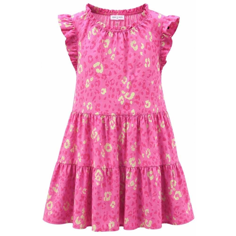First Love Dress Women L Ruffle Sleeveless Pink Leopard Tiered Mini Modern L/G